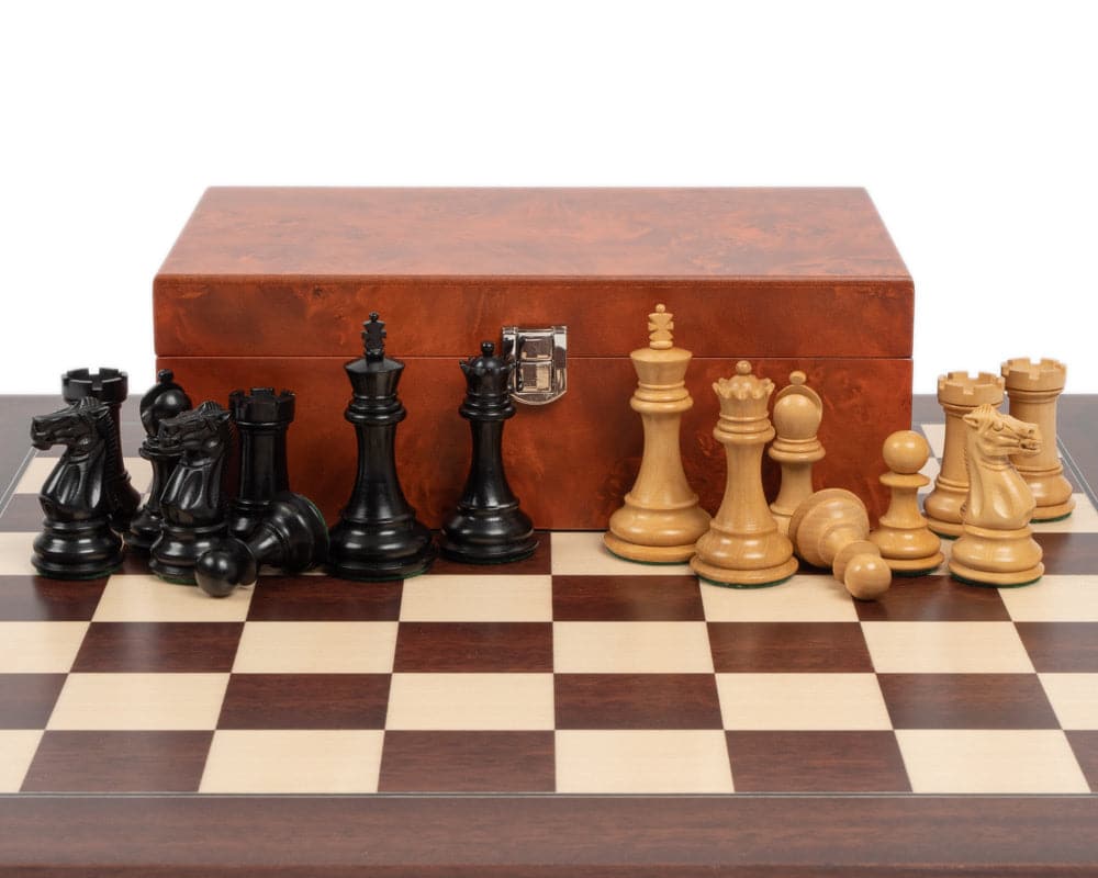 Windsor Ebony and Montgoy Palisander Chess Set, Staunton Design, 3-inch King, Weighted Pieces, Luxurious Board, Billiard Cloth Bases, Burl Effect Case