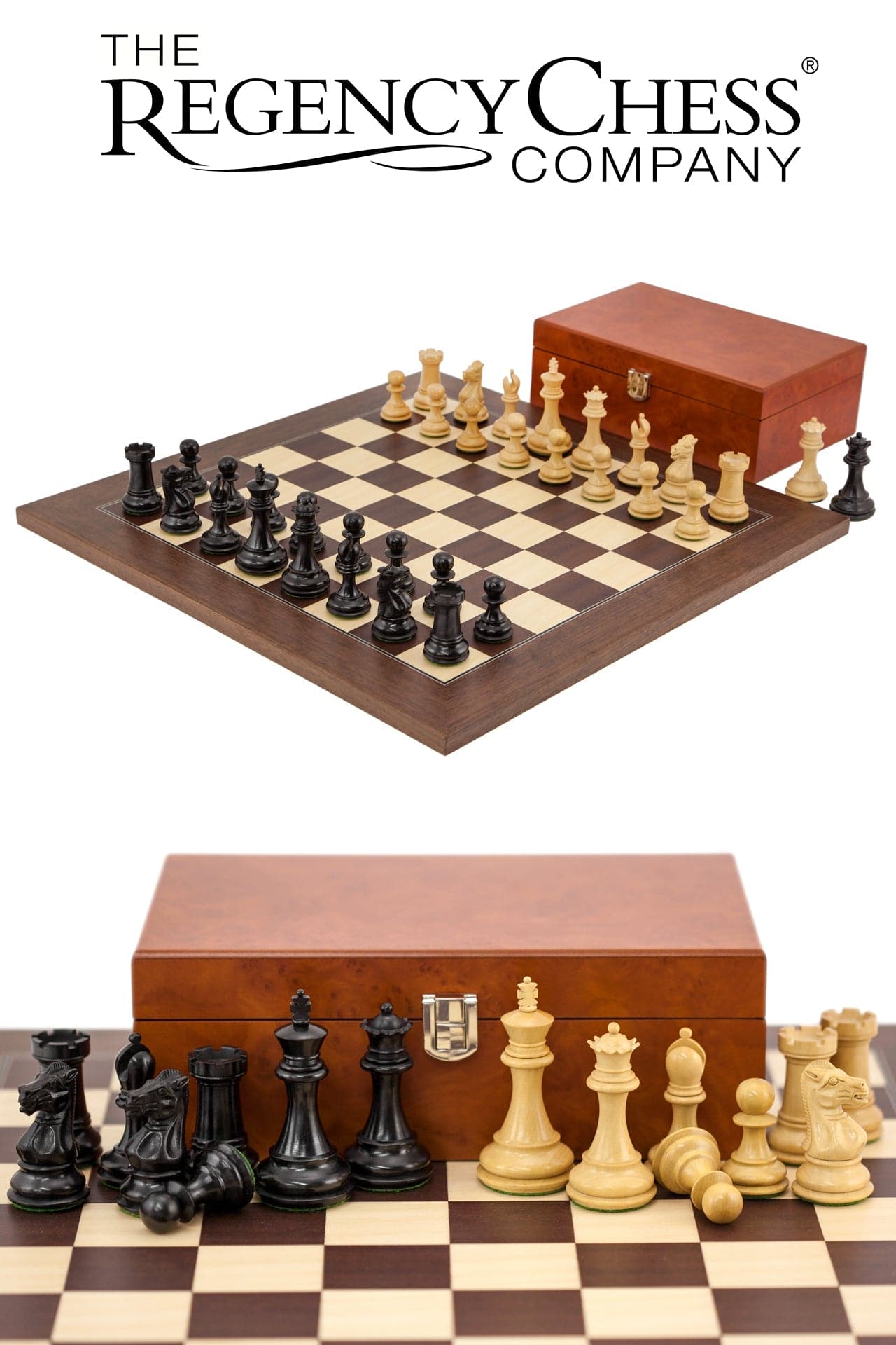 Windsor Ebony and Montgoy Palisander Chess Set with Boxwood Pieces on Luxurious Board with Burl Effect Case - Regency Chess Company