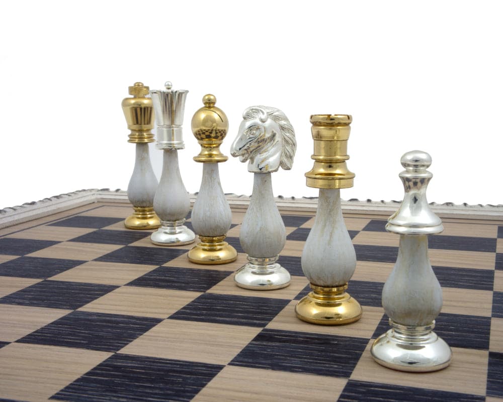 The San Severeo Chess Set with handcrafted oak pieces on a wooden chessboard.