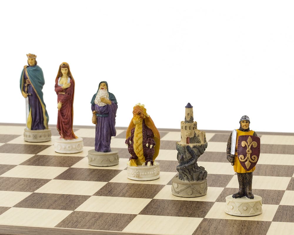 Hand painted medieval chess pieces on a Spanish board, with rich colors and exquisite detail, crafted in Italy, featuring a 3.25 inch king.