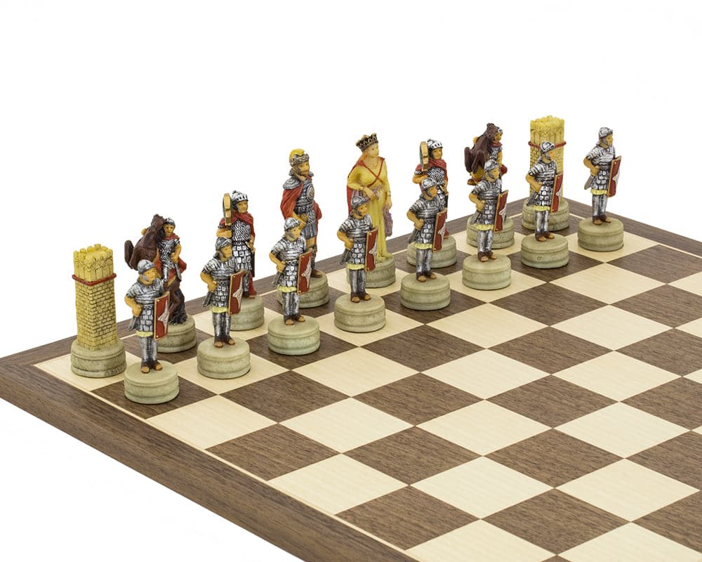 Hand-painted Romans vs Arabs chess set on a 15.75 inch Spanish board with detailed historical figures.