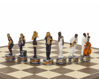 Jeu d'échecs thématique peint à la main « Jazz Band contre Rock Stars » par Italfama