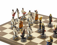 Jeu d'échecs thématique peint à la main « Jazz Band contre Rock Stars » par Italfama