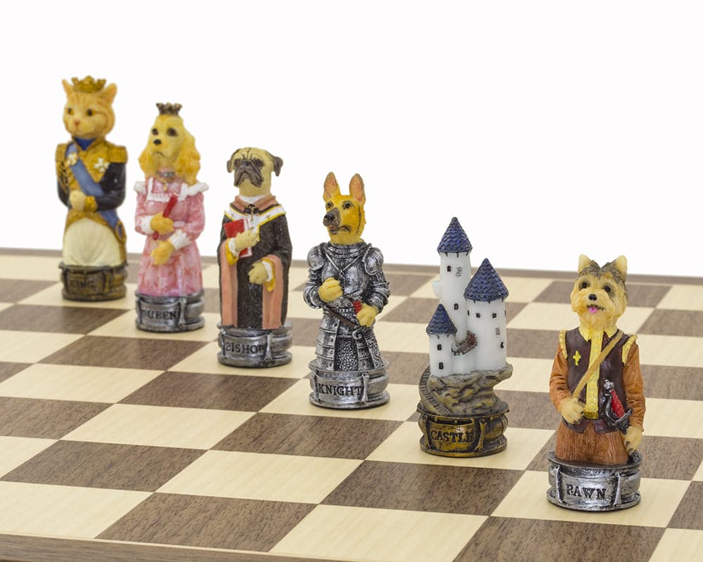 Hand-painted themed chess set featuring dog and cat pieces on a Spanish walnut and maple board by Italfama. Made in Italy.