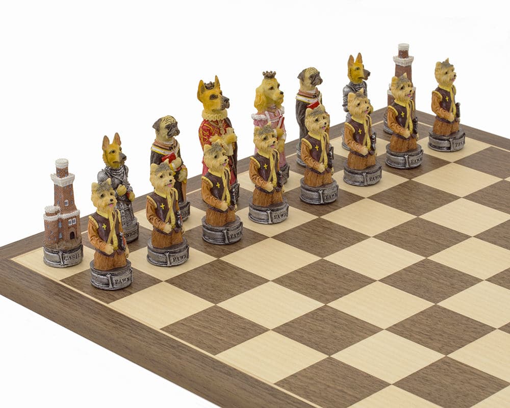 Hand-painted themed chess set with dog figurines on Spanish walnut and maple board, crafted by Italfama in Italy