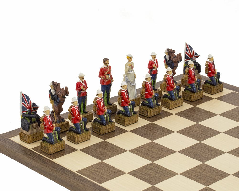 Hand-painted British army chess pieces on walnut and maple board from The British vs Zulus themed chess set by Italfama.