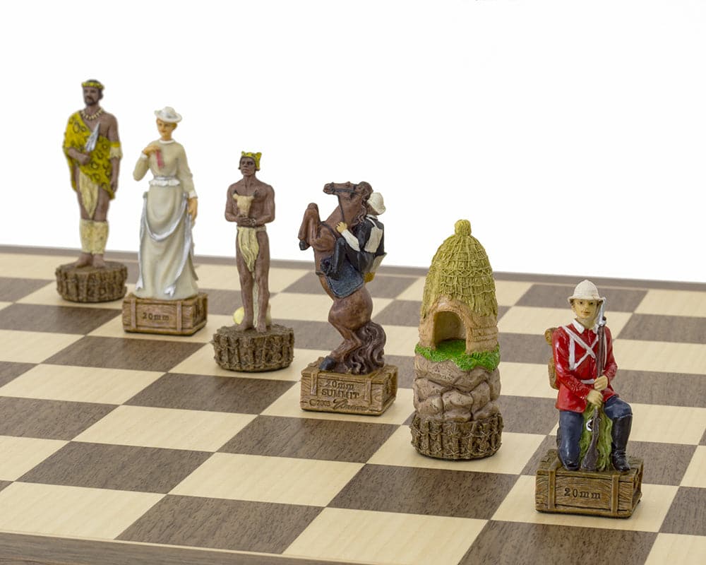 Hand-painted British vs Zulus themed chess pieces on walnut and maple board by Italfama, showing Lord Chelmsford, Adria, and Zulu king Cetswayo.