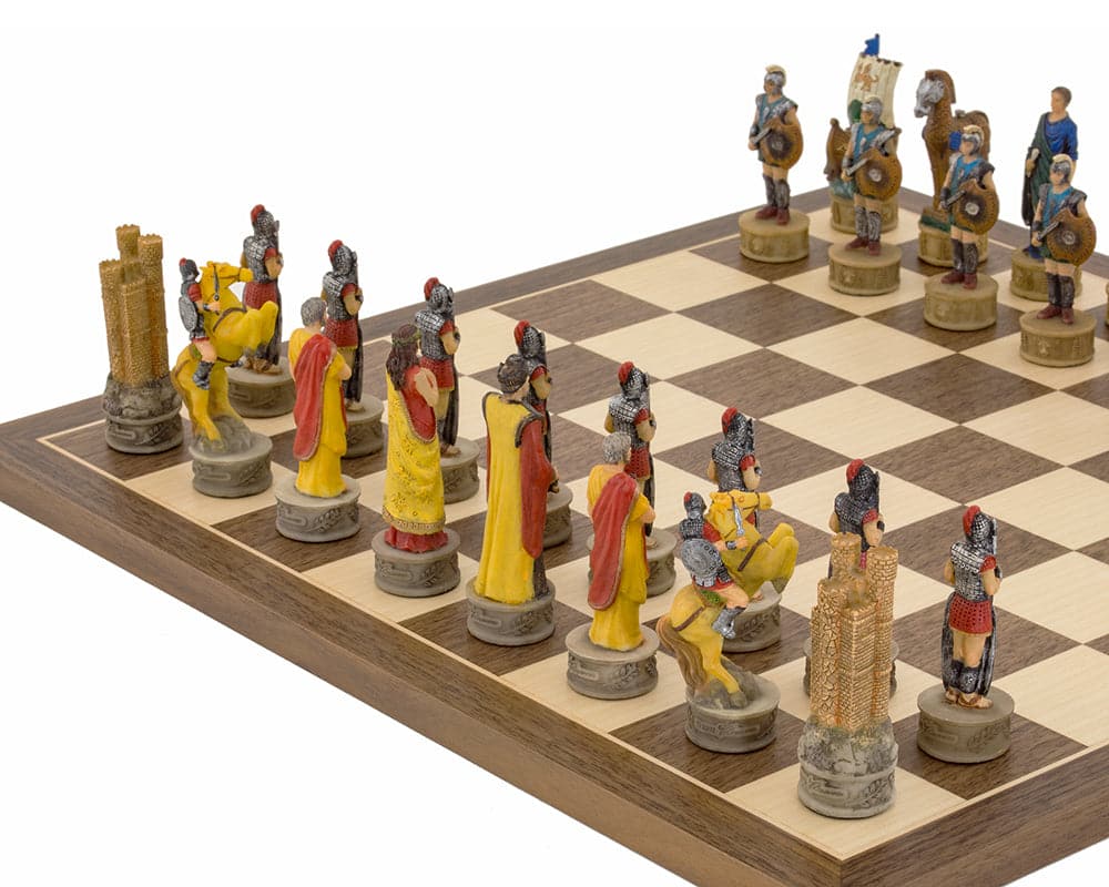 The Battle of Troy hand-painted chess set by Italfama showcasing intricately designed game pieces.