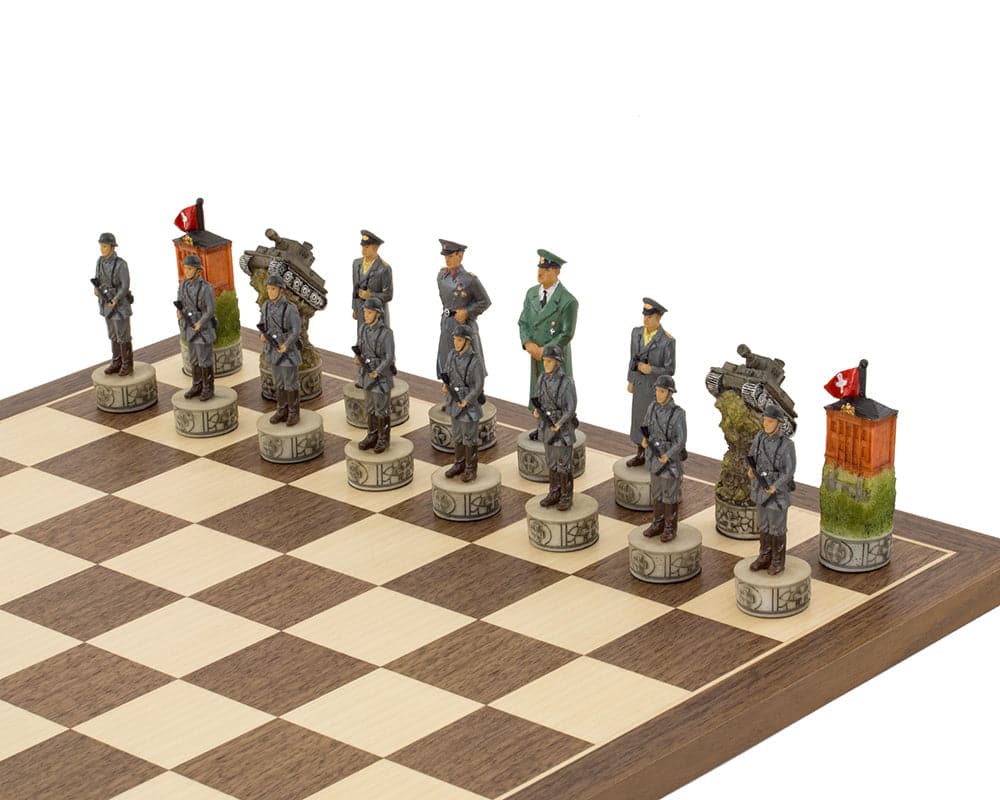 Hand-painted WWII Hitler chess pieces on Spanish board, 3.25 inch king, detailed high-ranking officers, made in Italy