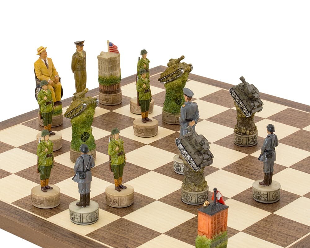 Hand-painted WWII chess set featuring Hitler and Roosevelt on a Spanish board, military figures, made in Italy, exquisitely ornate.