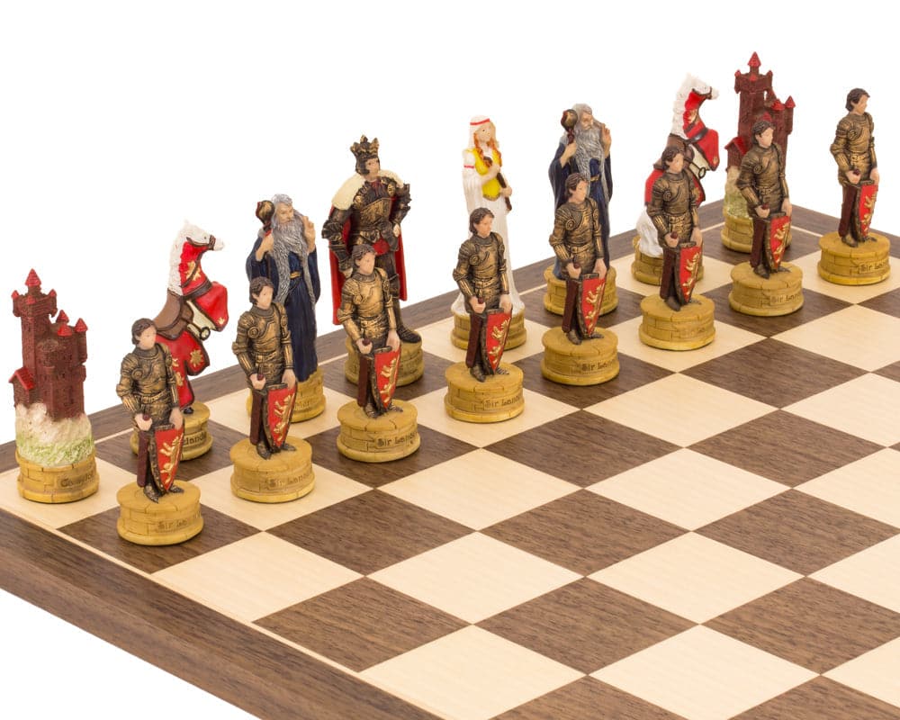 Hand-painted King Arthur chess set with intricately detailed pieces on a 15.75 inch board, featuring King Lot and Queen Morgause, made in Italy.