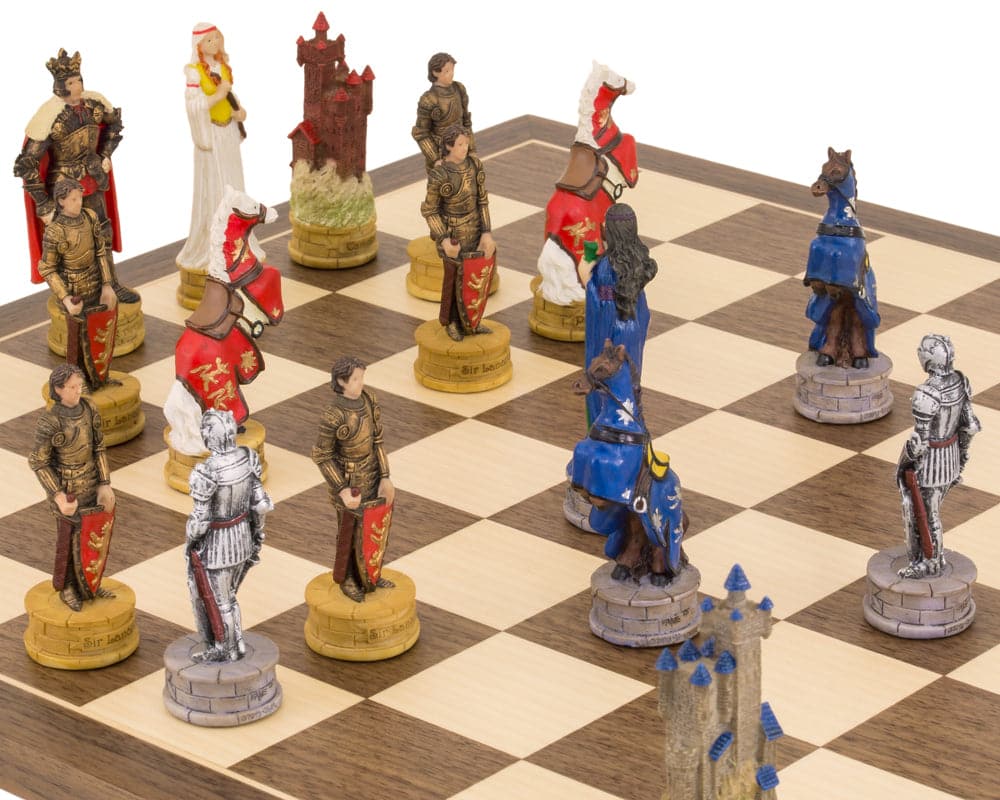 The King Arthur Hand Painted Chess Set on a 15.75 inch board, featuring detailed knights, kings, and other intricately crafted pieces.