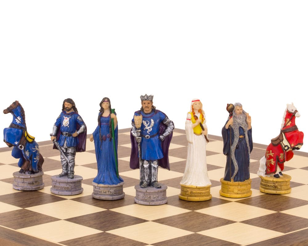 Hand-painted King Arthur chess set pieces on a 15.75 inch board, featuring King Lot, Morgause, Mordred, and other detailed characters.