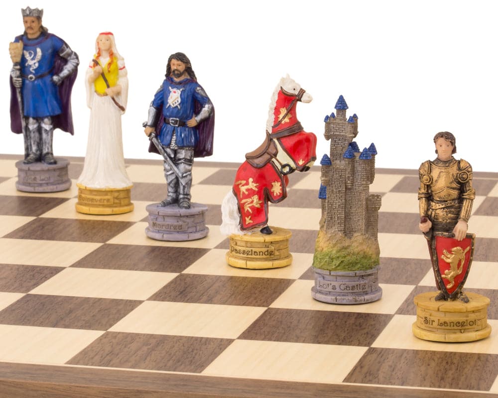 Hand-painted King Arthur chess pieces on a 15.75 inch board, featuring King Lot, Morgause, Mordred, castle rook, and Sir Lancelot.