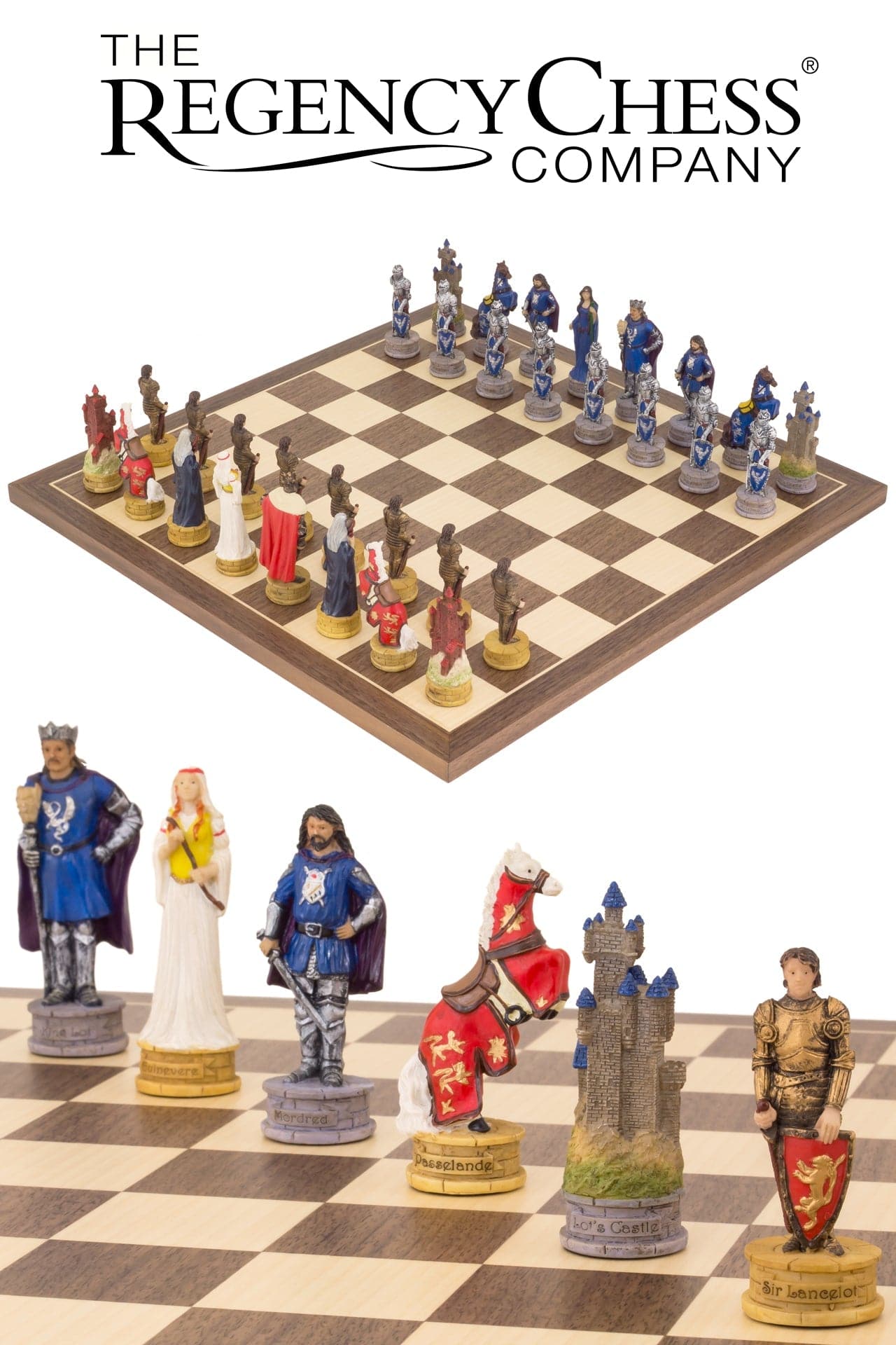 The King Arthur Hand Painted Chess Set by Regency Chess Company on a 15.75 inch board, featuring detailed pieces including King Lot and Morgause.