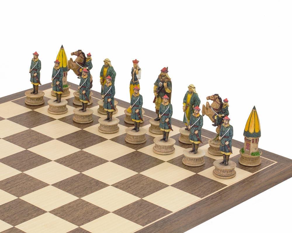 Hand-painted Hungarian vs Turkish themed chess set by Italfama displayed on a chessboard