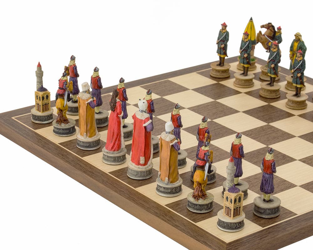 Hand-painted Hungarian vs Turkish themed Chess Set by Italfama on a chessboard.