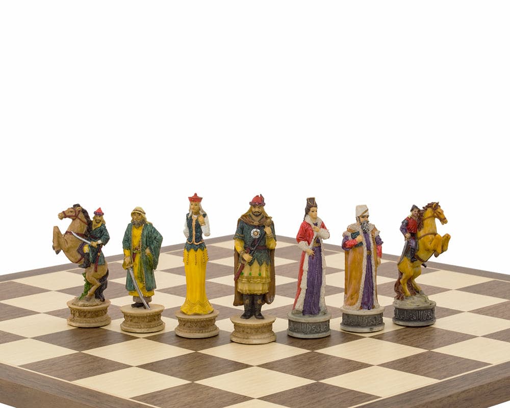 Hand painted chess pieces from The Hungarians vs Turkish Chess Set by Italfama on a chessboard