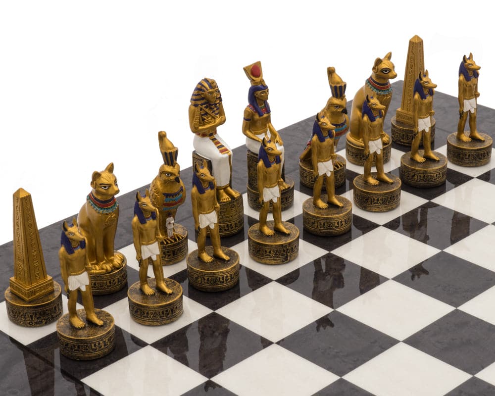 Hand painted Ancient Egypt themed chess pieces on high gloss board