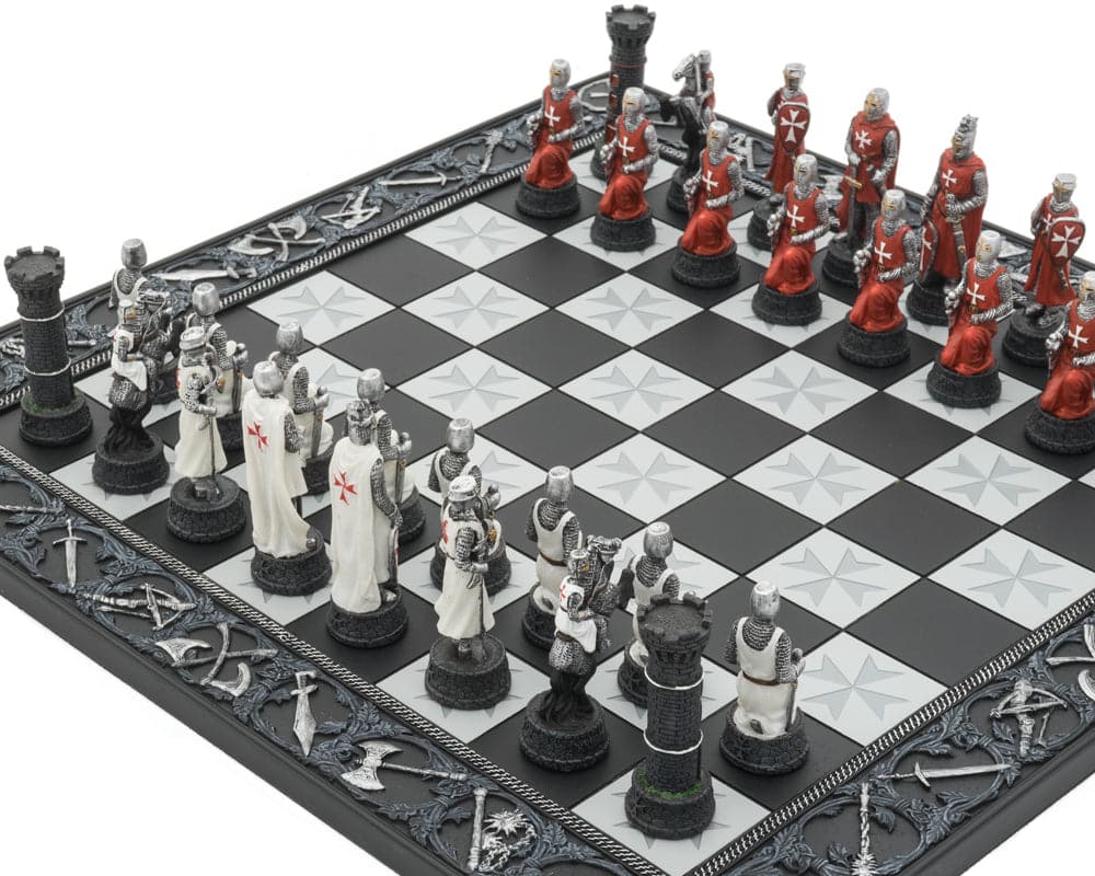 The Knights Templar Crusade Hand Painted Chess Set featuring intricately detailed resin pieces and stunning historical designs.