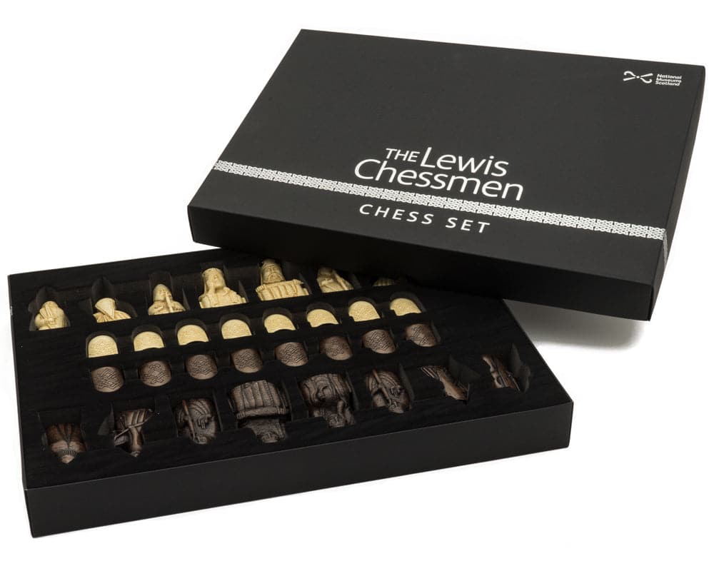 The Isle of Lewis Chess Men set in black presentation box with pieces displayed