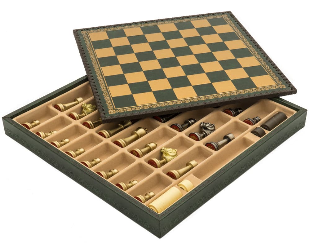 The Turin Verde Italian Chess Set with handcrafted ebony chess pieces, backgammon board, dice, and draughts in storage case