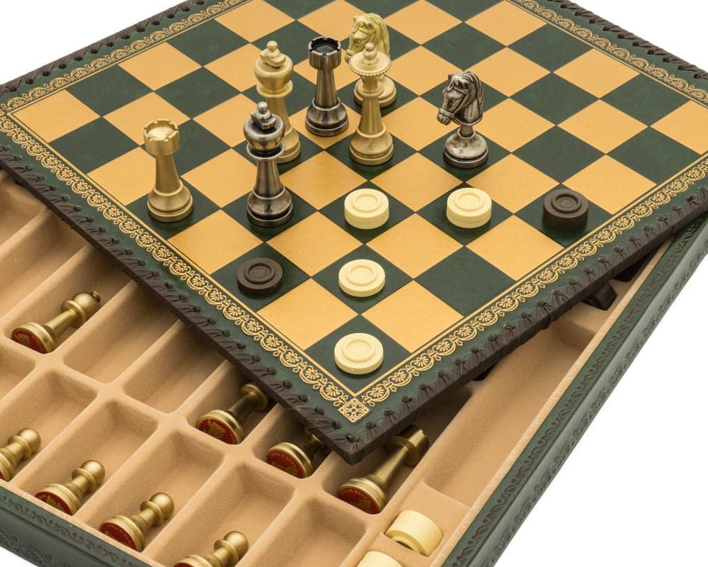 The Turin Verde Italian Chess Set with handcrafted ebony chess men on a green and maple board, featuring a storage case beneath.