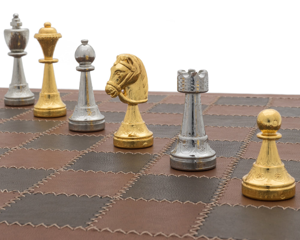 Jeu d'échecs de luxe Messina en cuir italien doré et argenté
