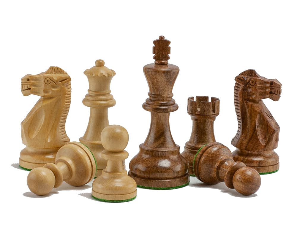 American Staunton Sheesham and Black Chess Set pieces in wood and black, showing knights, king, queen, rook, and pawns.