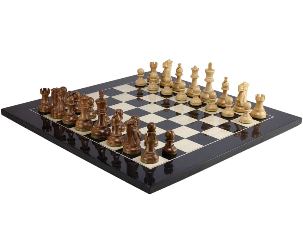 American Staunton Sheesham and Black Chess Set - Detailed view of the wooden pieces on a high-quality black and white chessboard.