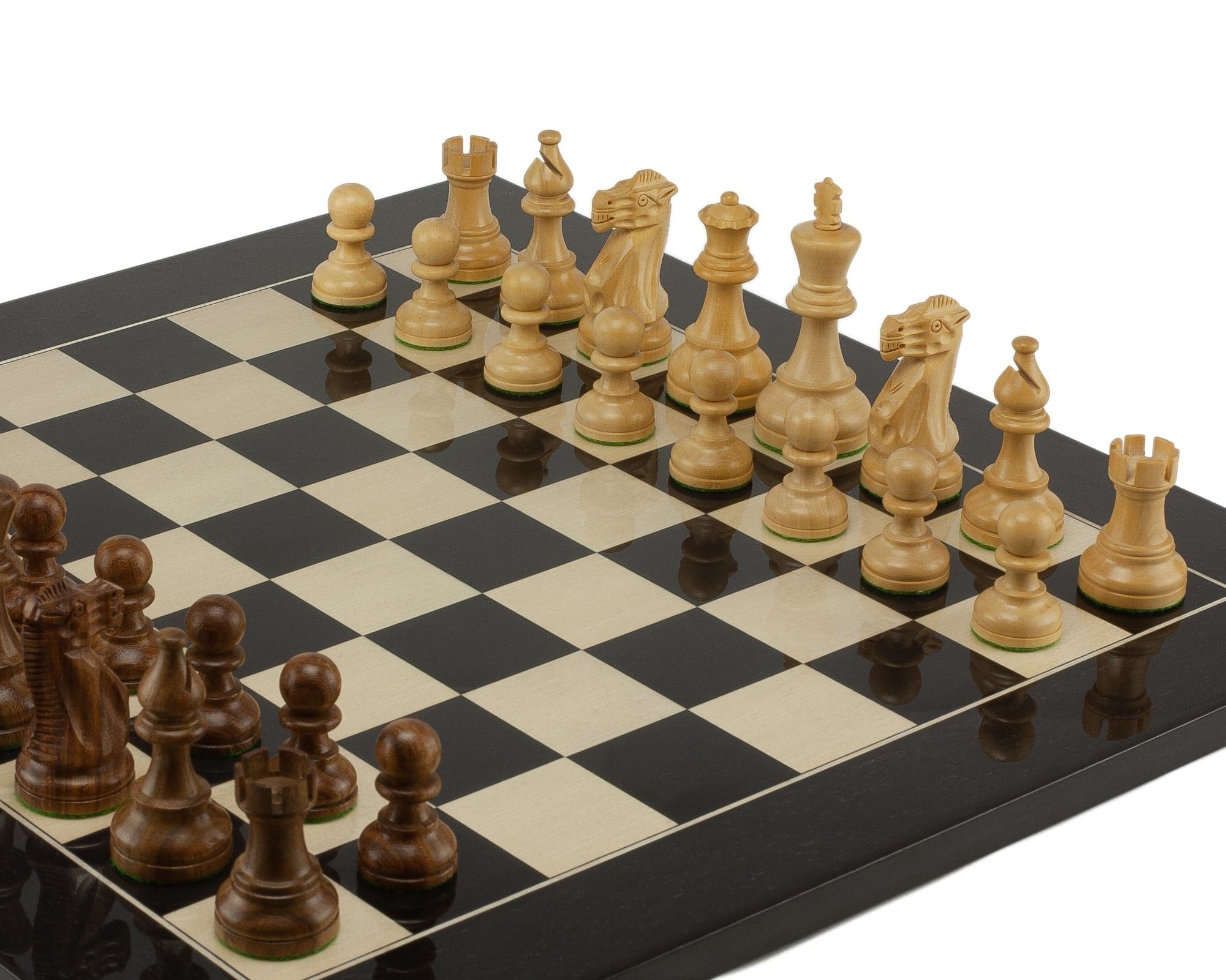 American Staunton Sheesham and Black Chess Set with wooden chess pieces on black and white chessboard