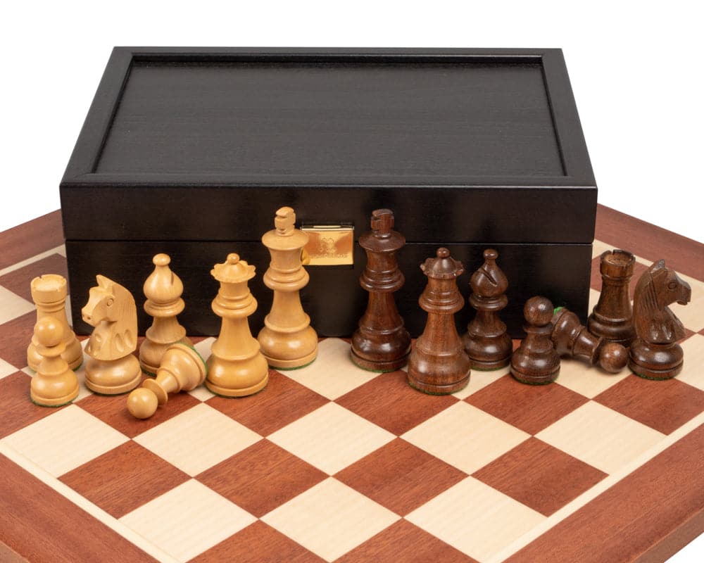 The Down Head Acacia Championship Chess Set with weighted Acacia wooden chess pieces, mahogany board, and elegant case from Greece.