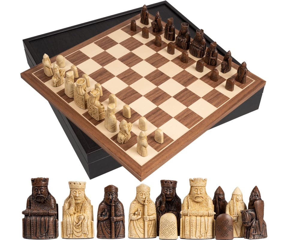 Isle of Lewis and Walnut Deluxe Chess Set with Presentation Box, featuring mid-sized Lewis chess pieces and a stunning Walnut chess board.