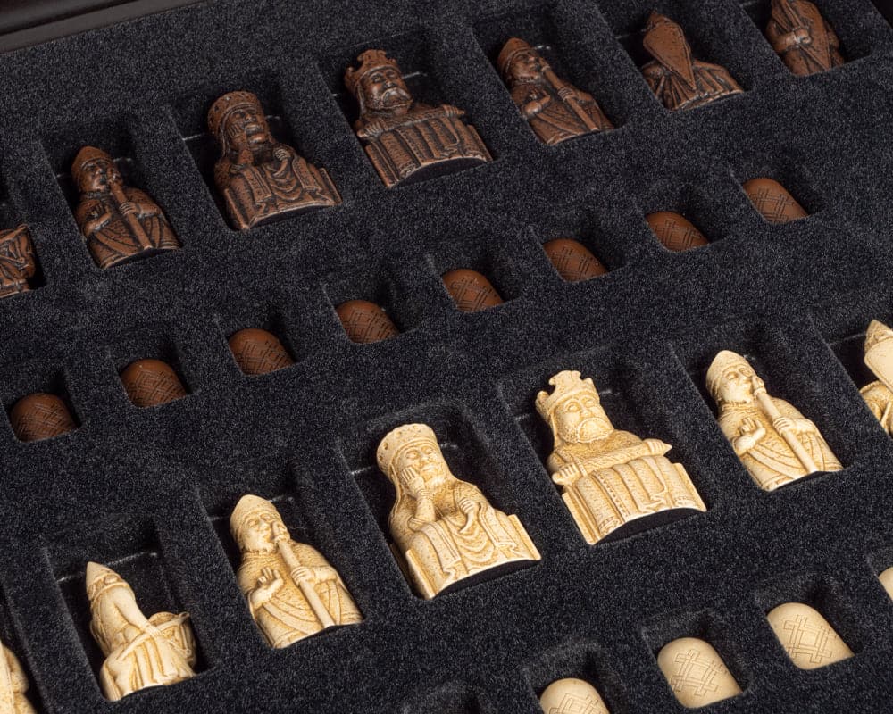 Isle of Lewis walnut deluxe mid-sized chess pieces in presentation box