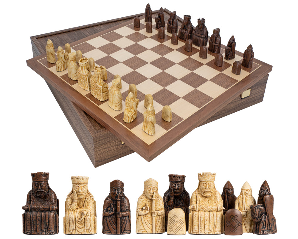 Le jeu d’échecs de luxe « Île de Lewis » en noyer avec coffret de rangement pour pièces d’échecs