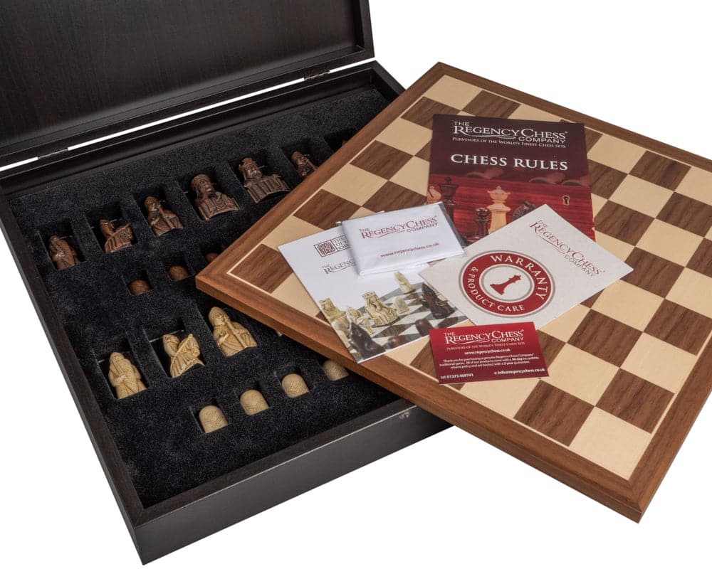 Deluxe Isle of Lewis and Walnut Chess Set with presentation box and chess rules booklet