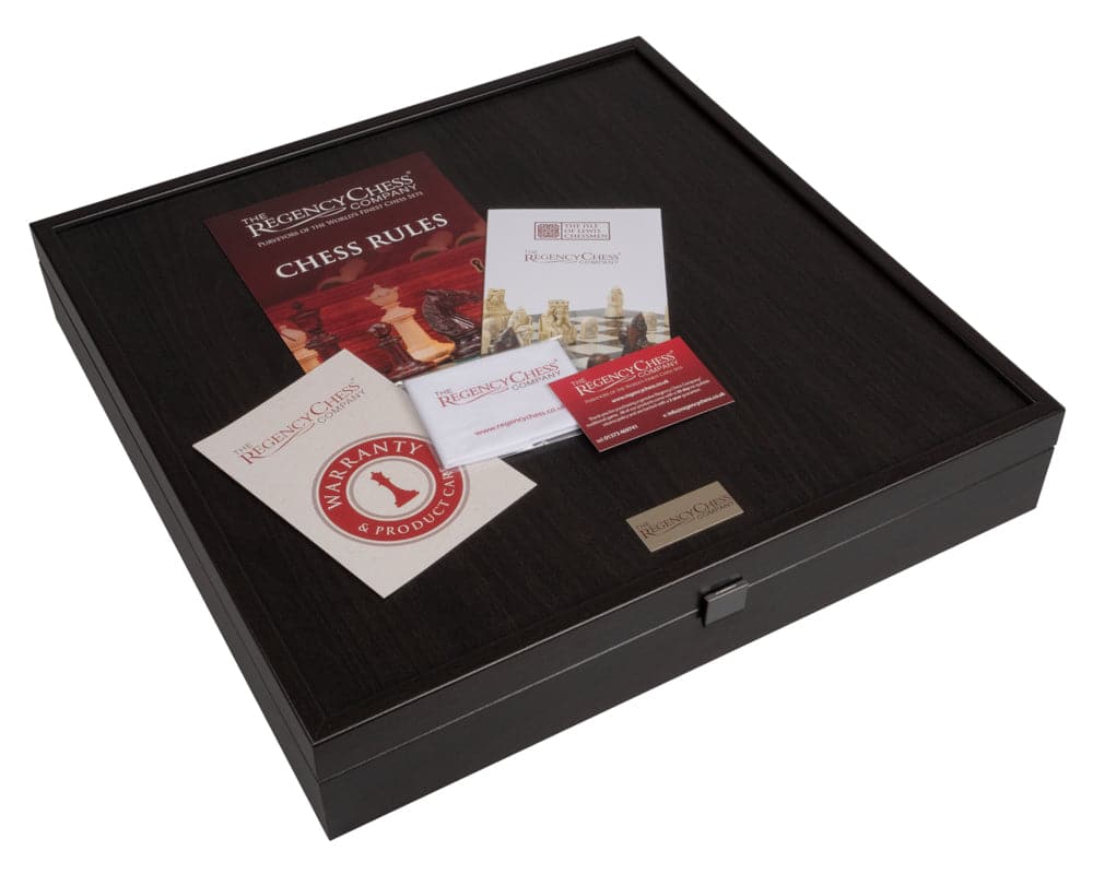 Presentation box for The Isle of Lewis and Walnut Deluxe Chess Set with chess rules and warranty cards