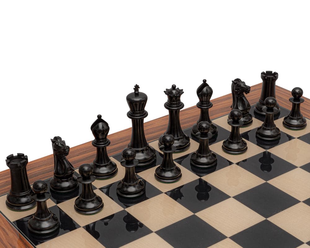 1849 Reproduction Staunton luxury chess set with ebony and antiqued boxwood pieces on a 23.6 inch Spanish board