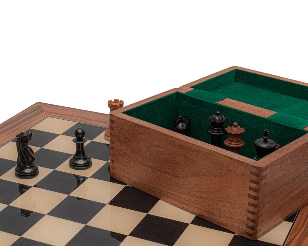 Luxury Staunton chess set with handcrafted wooden box on a 23.6-inch Spanish board.