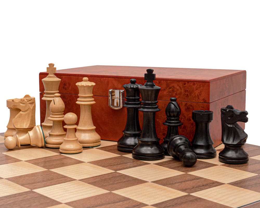 The Conquest Walnut and Black Folding Chess Set with Traditional Staunton Chessmen, Boxwood and Ebonised Finish, Rootwood Burl Case, and Maple Board