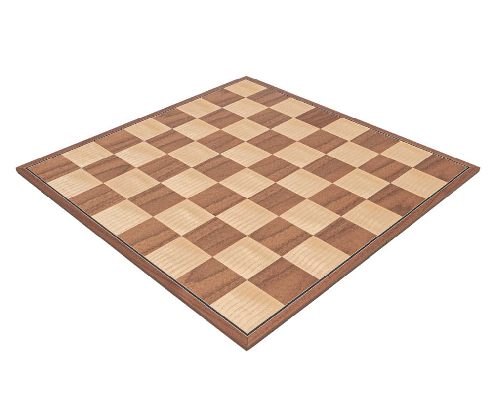 Walnut and maple chessboard from The Conquest Walnut and Black Folding Chess Set, crafted in Spain, featuring a traditional Staunton design.