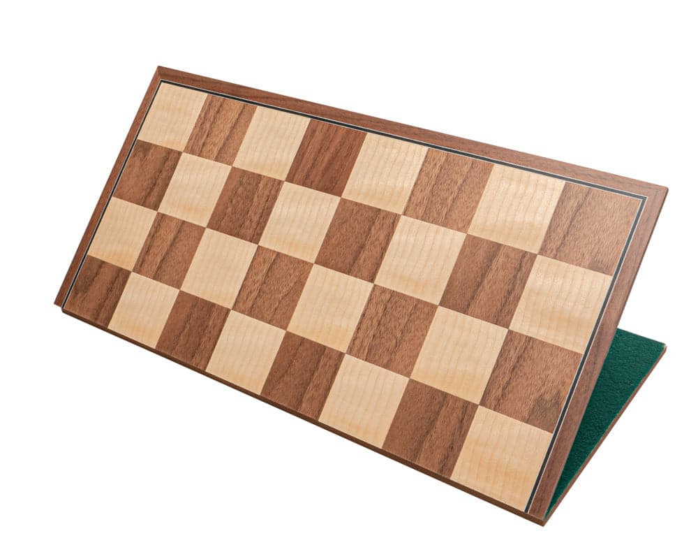 The Conquest Walnut and Black Folding Chess Set 16.75 inch walnut and maple folding chess board for easy storage crafted in Spain.