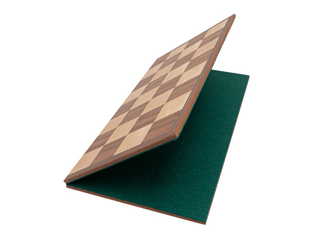 The Conquest Walnut and Black Folding Chess Set board made from walnut and maple, shown in a partially folded position for easy storage.