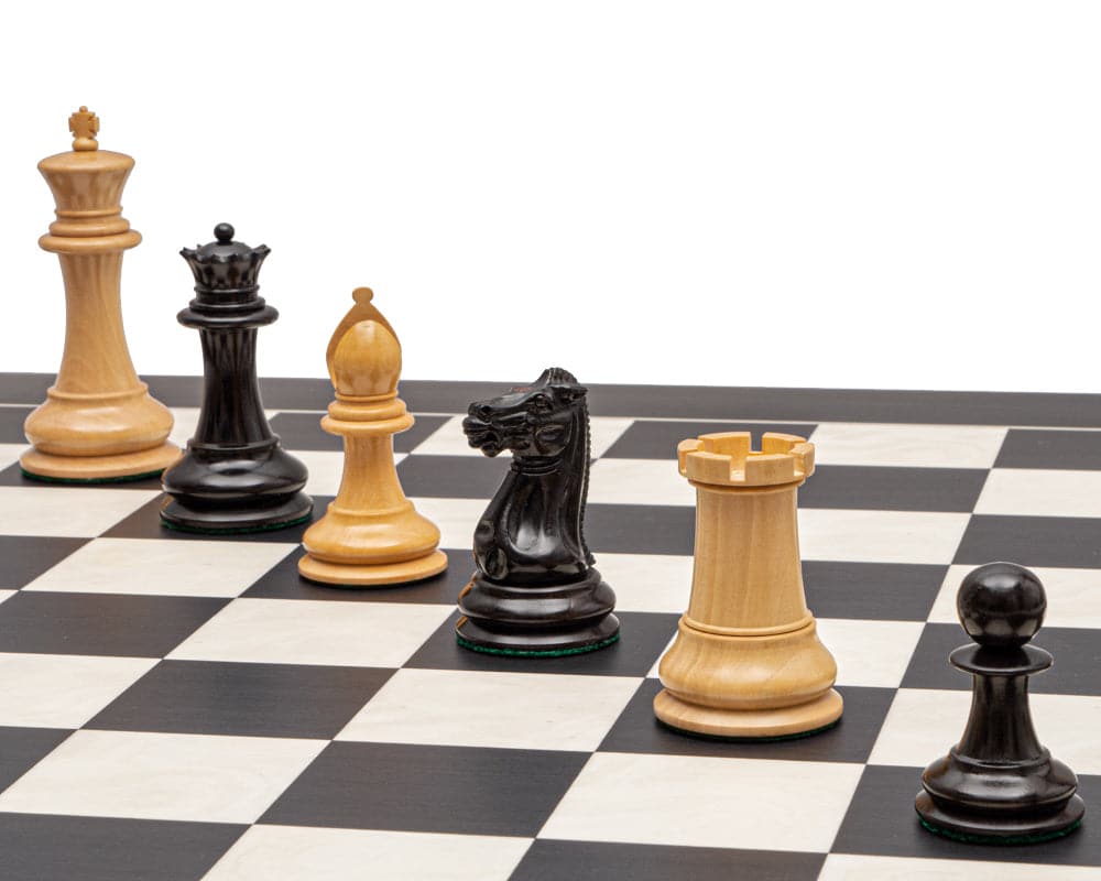 1849 Original Staunton Ebony and Black Grand Chess Set on a 23.6 inch board with 2.36 inch playing squares, showcasing the beautifully crafted chess pieces.