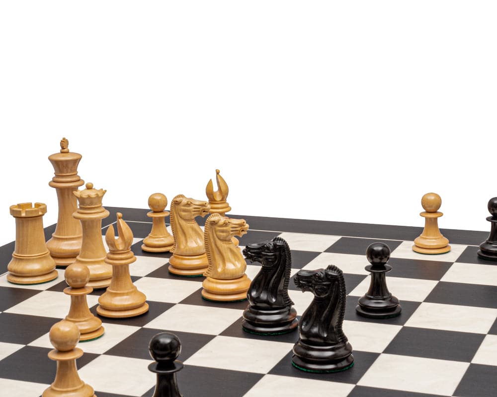 The 1849 Original Staunton Ebony and Black Grand Chess Set on a 23.6-inch board with 2.36-inch squares, featuring finely crafted ebony chessmen.