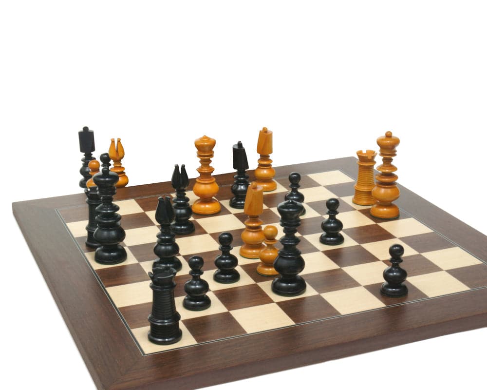 Ornate Calvert Antique and Palisander Chess Set on a 17.75 inch board with handcrafted and weighted chess pieces