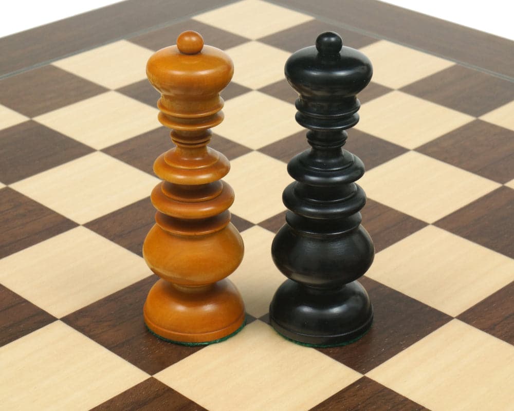 The Calvert Antique and Palisander Chess Set with 3.75 inch handcrafted Kings on a 17.75 inch board with 1.75 inch squares.