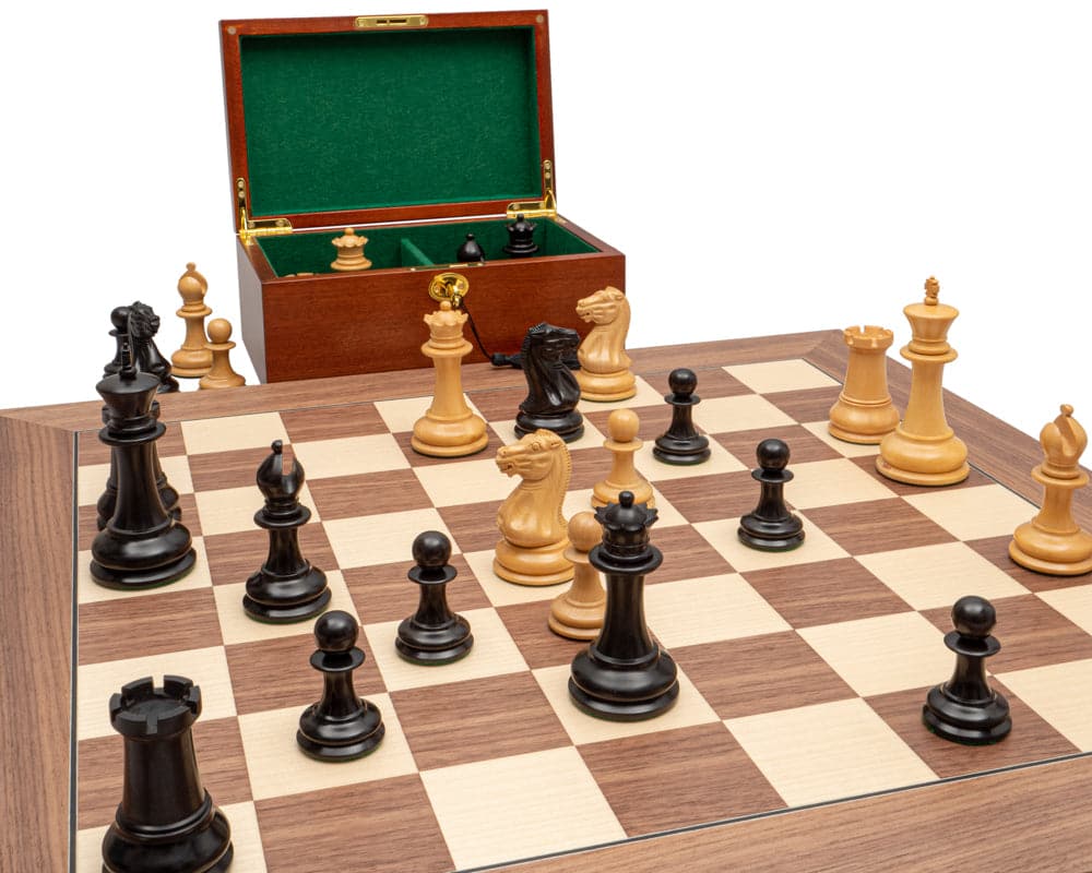 The 1851 Reproduction Ebony and Walnut Luxury Staunton Chess Set with Mahogany Cabinet and Chess Clock