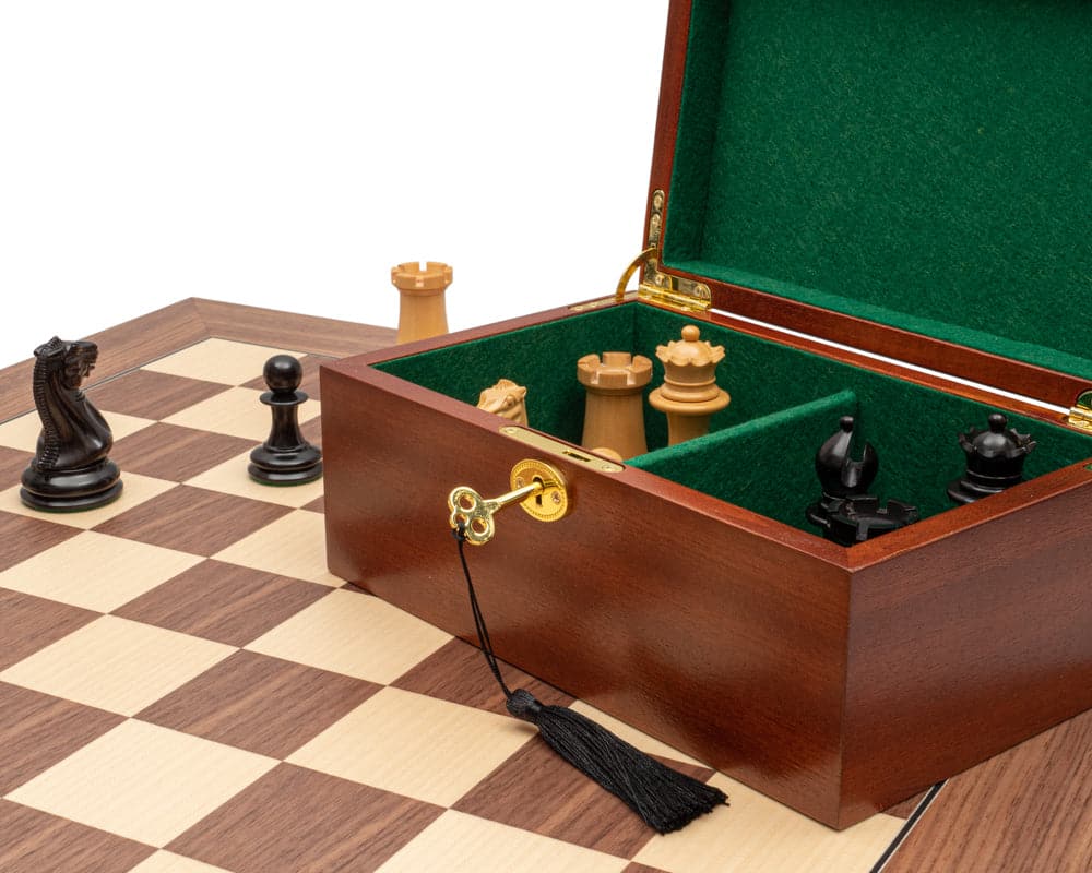 Luxury Staunton chess set with beautifully crafted chess pieces, mahogany chess cabinet, and 23.6 inch board with 2.36 inch squares.