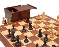 Le jeu d’échecs de luxe 1850 London — édition limitée en ébène et acajou, avec coffret de rangement pour pièces d’échecs et pendule d’échecs